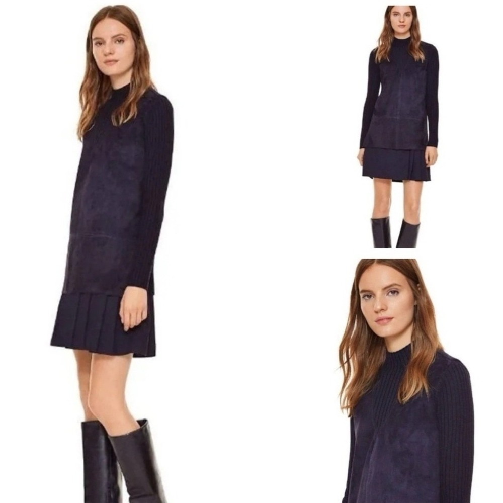 Tory Burch Molly Leather Front Merino Wool Mock Neck Sweater Navy Women's Medium